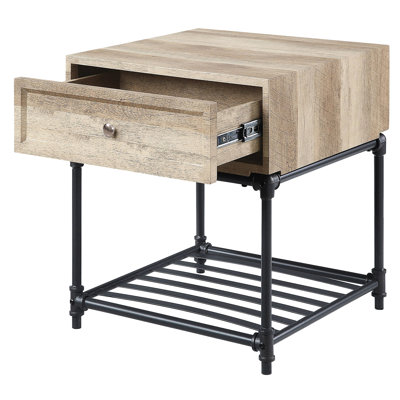 Table de bout rectangulaire en bois et métal avec tiroir, style industriel en chêne et caractère sable noir, couleur