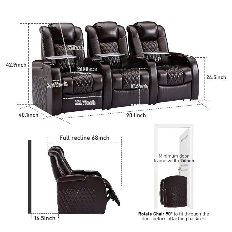 Siège de cinéma en cuir Ahlaya avec porte-gobelet, Cuir véritable brun