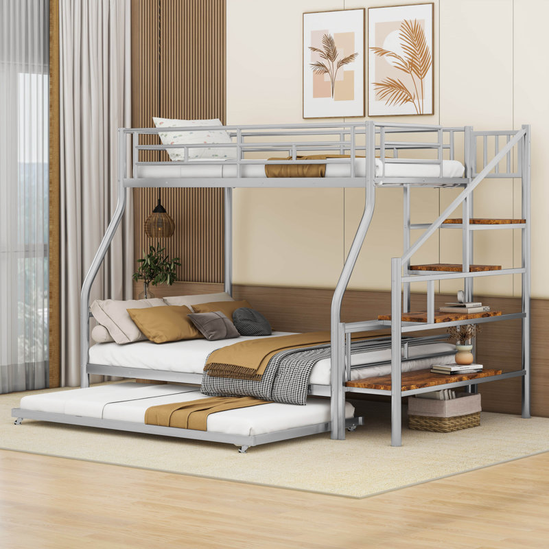 Lit superposé simple au dessus d'un futon en métal avec lit gigogne, Argent