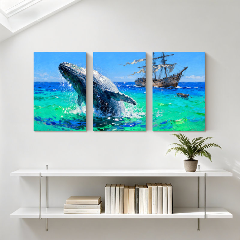 Ensemble de 3 reproductions d'art sur toile, "Nautical Whale Breaching Ocean Pirate Ship Scene", H 18 po x l 36 po