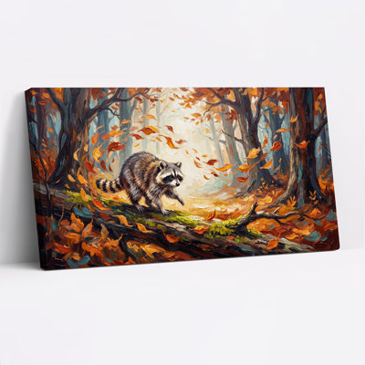 «Raccoon Walking on Log in Autumn Forest», art mural sur toile