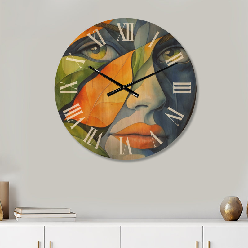 Vibrant Abstract Muse II - Horloge murale ronde moderne bleue, impression sur bois, Médium