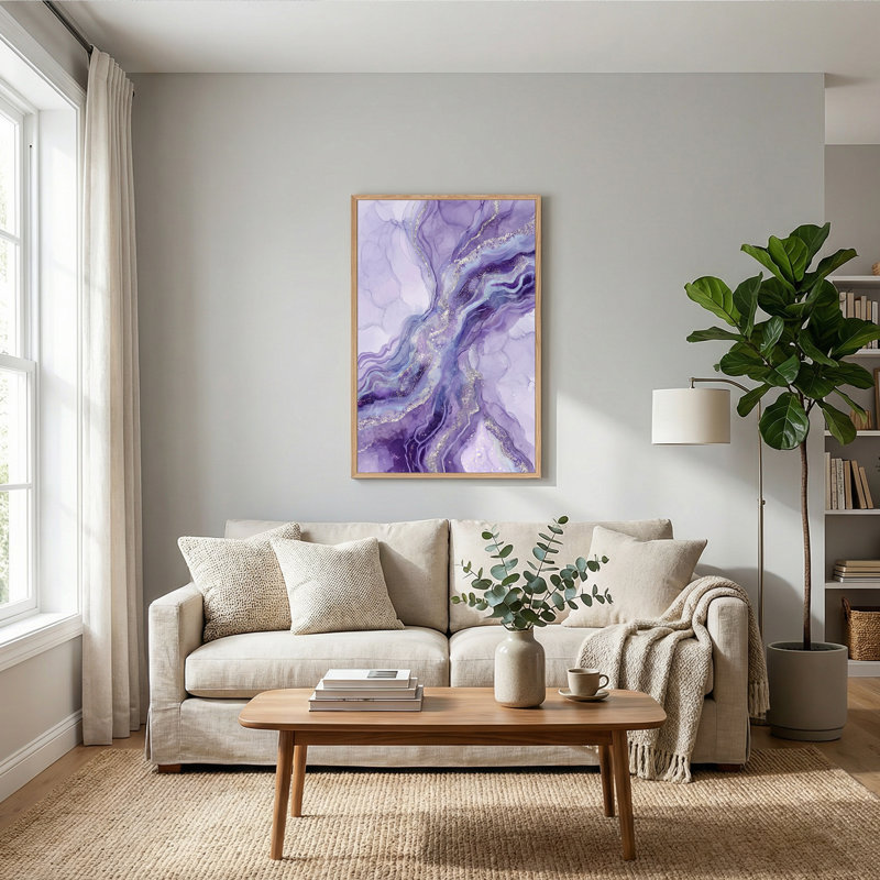 Art mural abstrait mauve et bleu avec des étincelles dorées, 24"H x 18"W