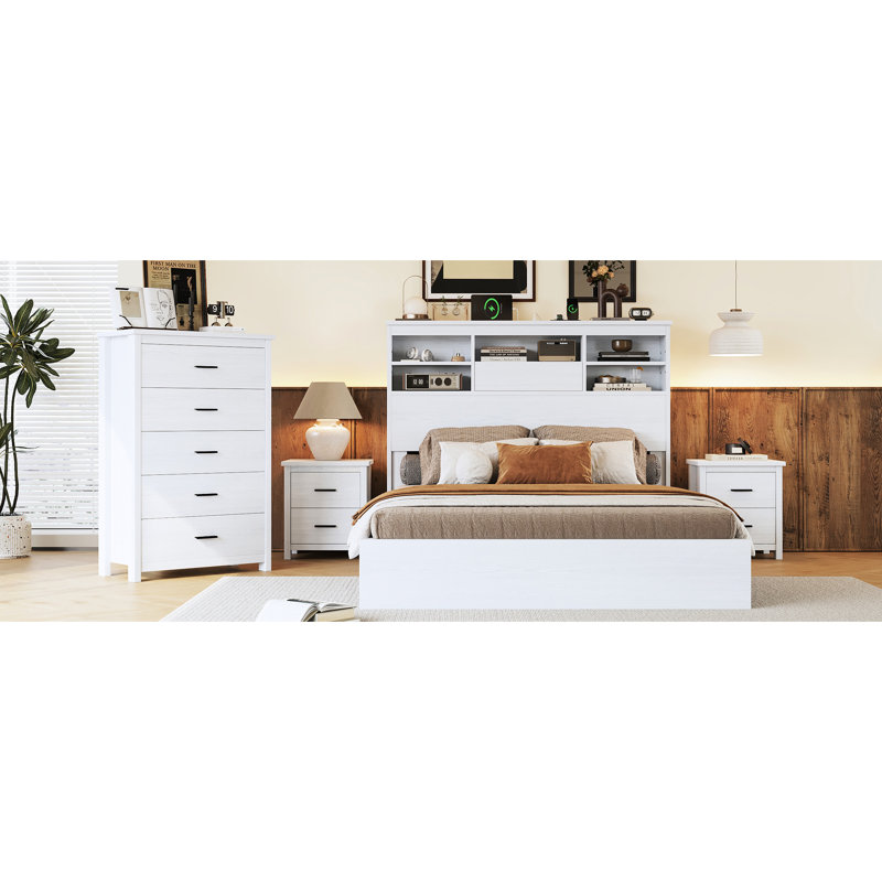Grand lit de style rétro avec tête de lit double à rangement et fonction de chargement électrique, blanc, Blanc