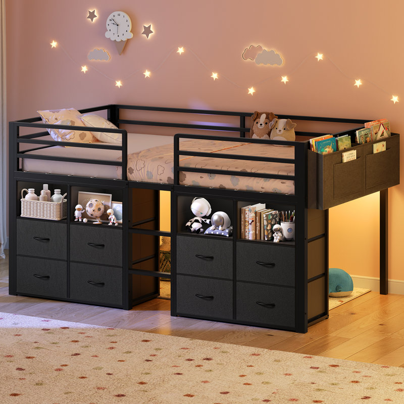 Twin Loft Bed With 8 Storage Drawers And Open Storage Shelves, Low Loft Bed Twin Size With Led Lights,stairs,metal Bed With Safety Guardrail,space Saving,no Box Spring Needed