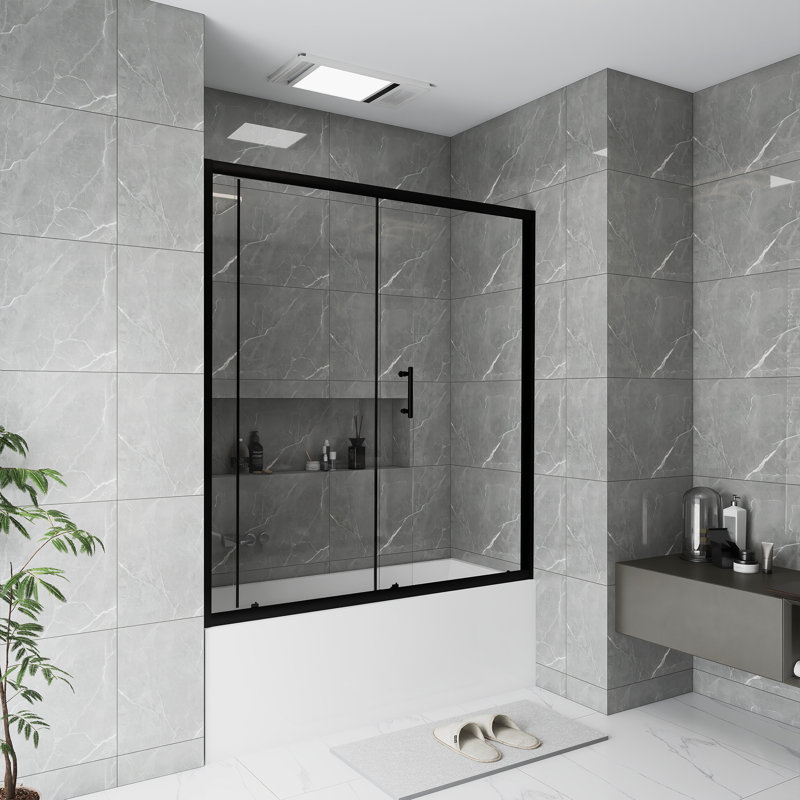 Pare-baignoire 60 po x l 62 po | Simple coulissant | Verre trempé transparent de 1/5 pouce d'épaisseur | Avec poignée en acier inoxydable | Noir