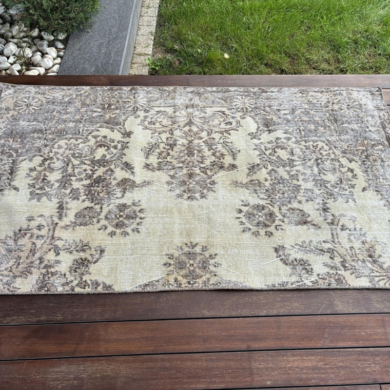 Petit tapis turc Oushak rétro brun à motifs géométriques, idéal pour n'importe quelle pièce