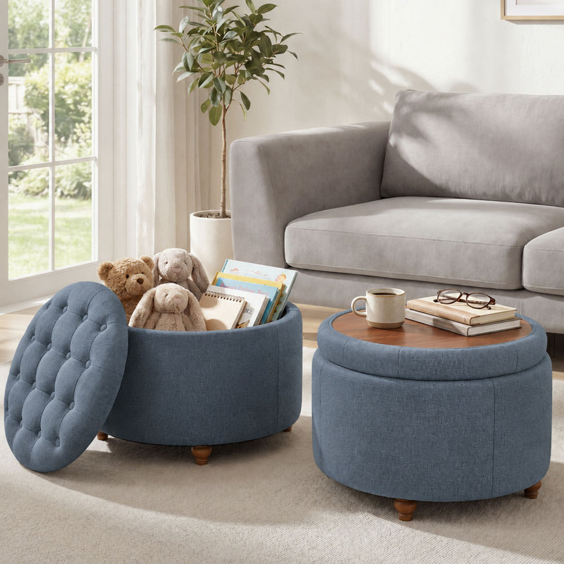 Repose-pieds rembourré avec rangement et coussin capitonné, Bleu