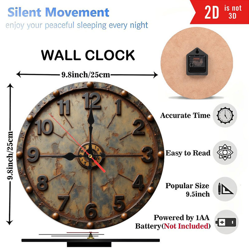Horloge murale 10 po en MDF rond avec mouvement à quartz silencieux et crochet sans perceuse (piles AA non incluses)