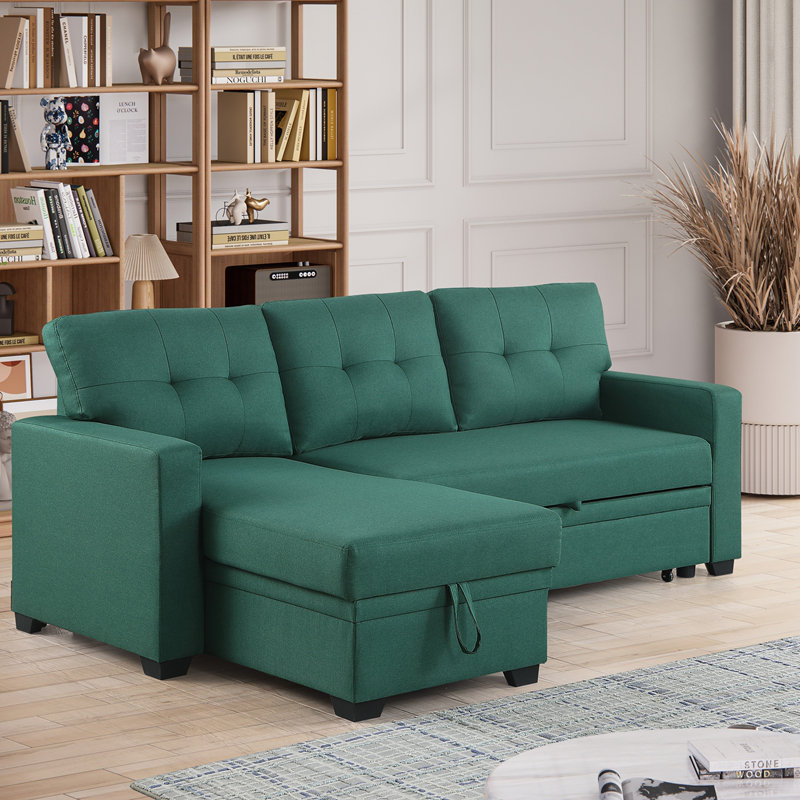 Canapé modulaire convertible rembourré avec méridienne coulissante, Orienté à gauche (vu de face), Lin vert