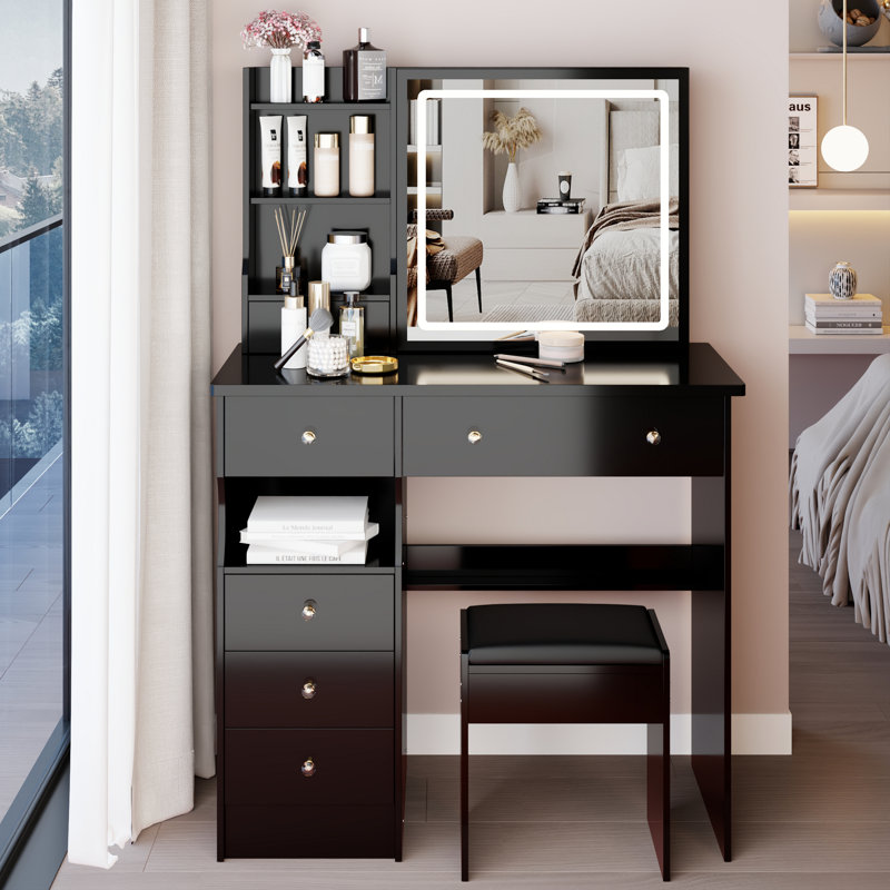 37" Left Drawer Desktop Vanity Table + Cushioned Stool, Black