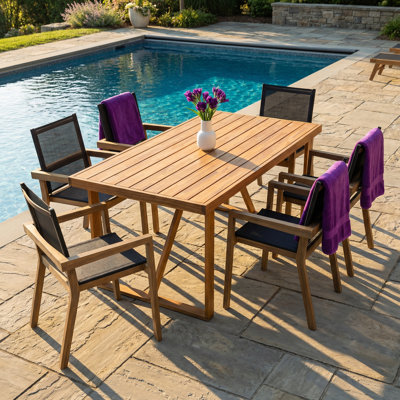 Modern 7-Piece Acacia Wood Outdoor Dining Set - 6 Chairs & 1 Large Table for Patio, Garden, Poolside