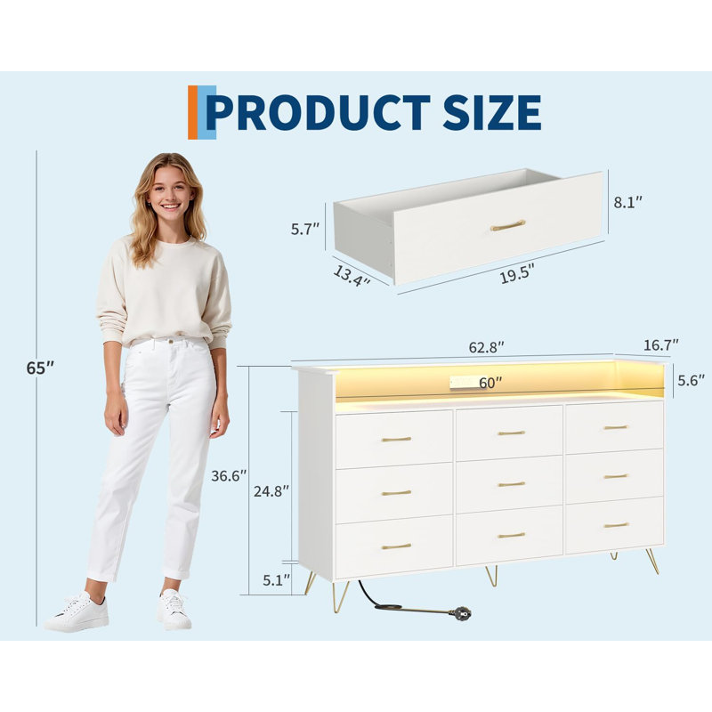 62.8" Modern 9-Drawer Tall Dresser with APP-Controlled RGB Lights & Charging Station (3 Outlets/2 USB), Large Storage Cabinet for Bedroom, Living Room