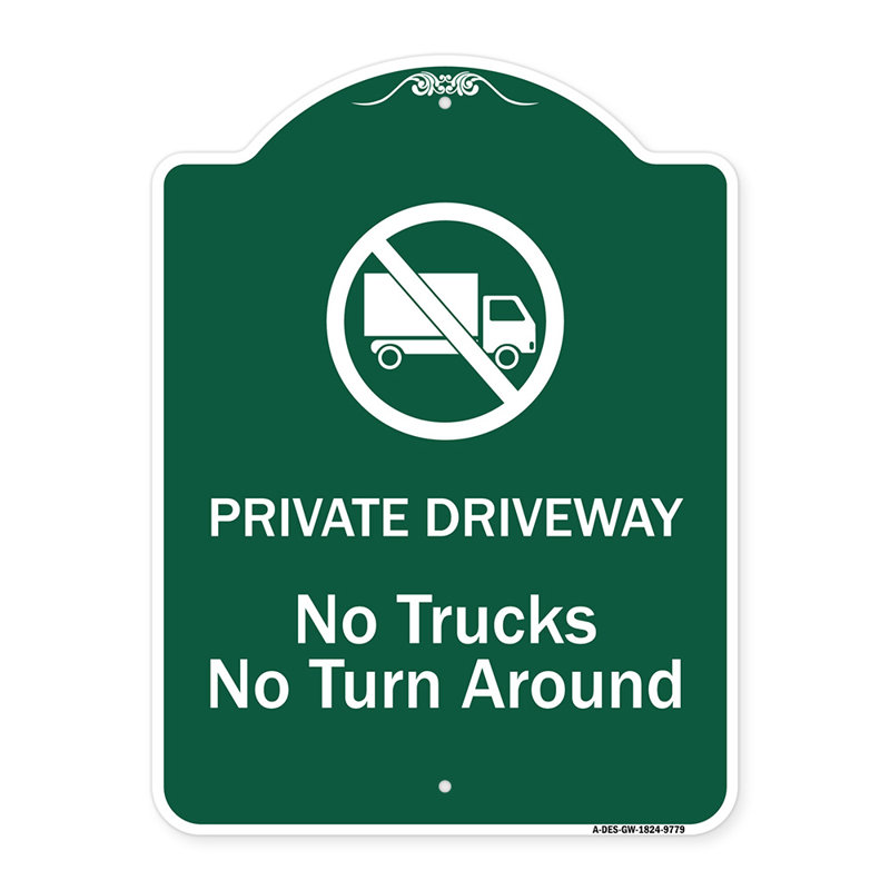 Allée privée. Enseigne architecturale en aluminium 18 po x 24 po «No Camions No Turnaround»