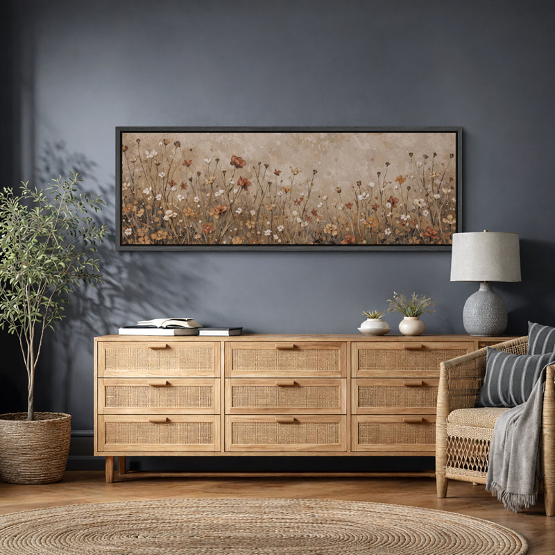 Autumn Wildflower Meadow Artwork, Living Room Pictures, Framed Canvas Giclee Print Wall Art, 20" H x 60" W