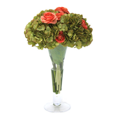 Hydrangeas and Coral Ranunculus Mixed Floral Arrangement in Vase