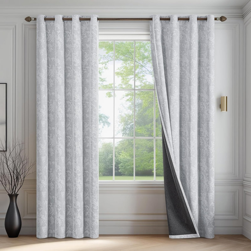 Grey Floral Blackout Curtains 90 inch Scroll Flower Curtains 2 Panels