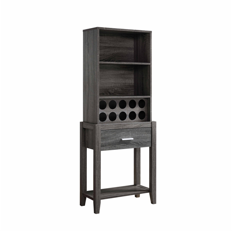 Bar à vin, armoire de rangement de cuisine avec tiroir et tablettes ouvertes, gris vieilli