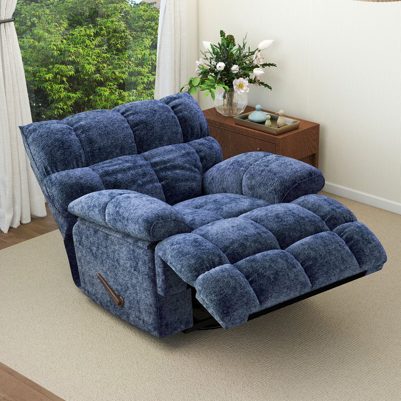 41.5" Wide Upholstered Manual Recliner, Oversized Swivel Rocker Recliner Chair, Blue