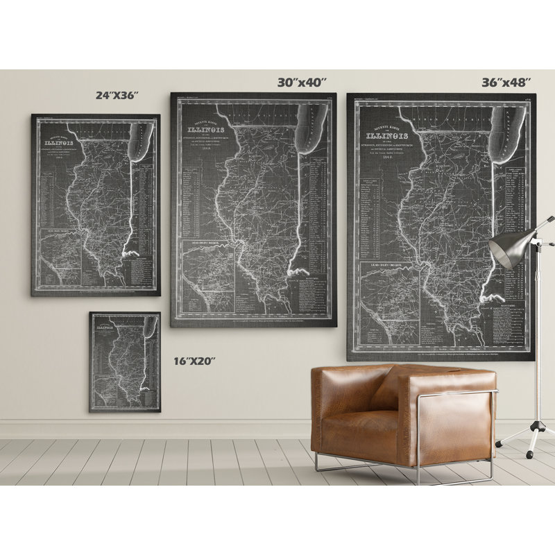 « illinois sketch map », reproduction d’impression sur toile tendue en gris, H 16 po x l 20 po x P 1,5 po