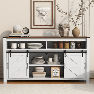 59.3" Buffet Cabinet With Sliding Barn Door And Mesh Panels,Farmhouse Sideboard With Open Storage by Ophelia & Co.