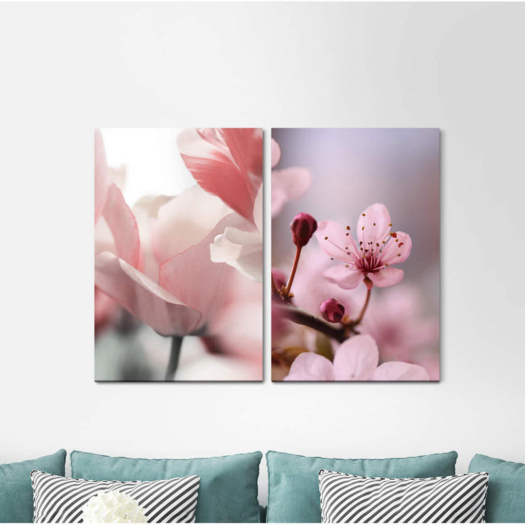 2-tlg. Leinwandbilder-Set - Grafikdruck „Tulips Tree Blossoms Spring Pink Soft Gentle Calming”