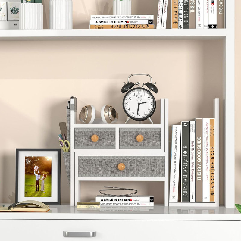 Adjustable 3-drawer desktop bookshelf with linen clip holder—eco-friendly MDF desk organizer for office supplies, books, and decor.