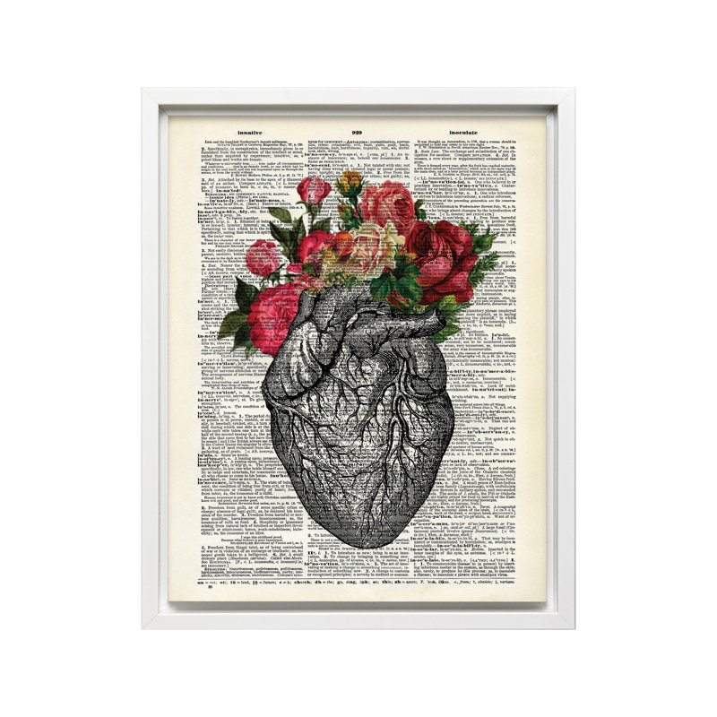 Cœur floral, Canevas, Encadrement blanc, H 11 po x l 14 po