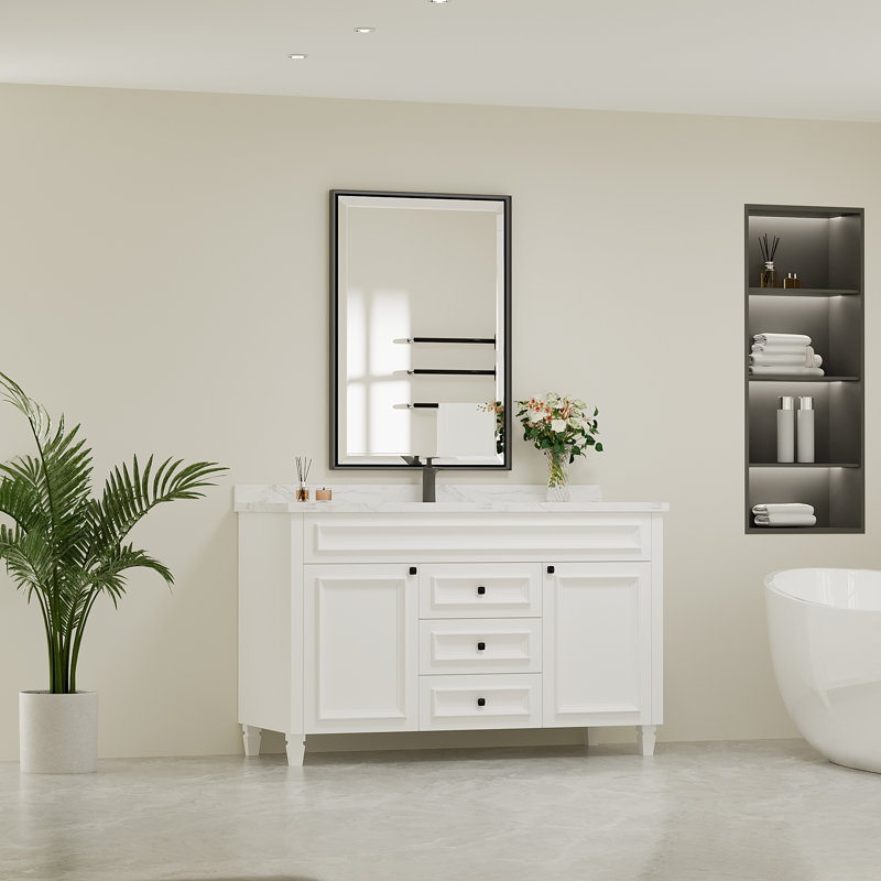 Beveled Design Rectangle Framed Bathroom Vanity Wall Mirror in Matte Black, 36" x 24"