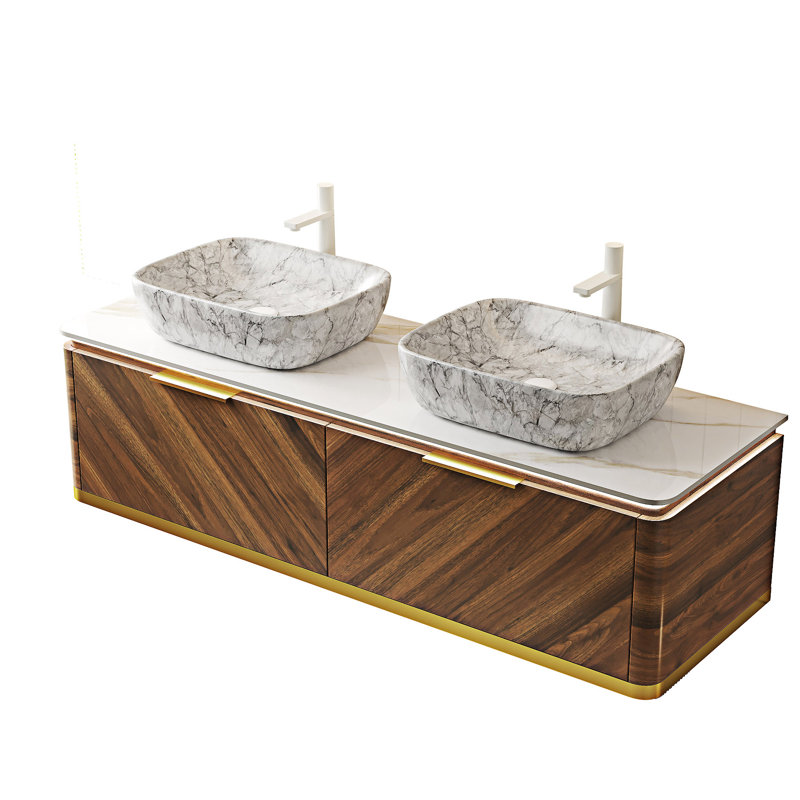 Meuble-lavabo flottant avec lavabos, Noyer foncé