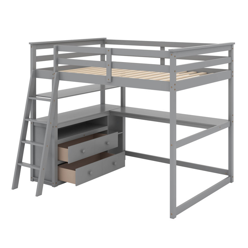 Lit mezzanine double avec bureau et tablettes, 3, Gris