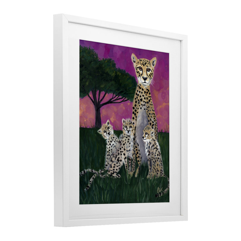 Mama Cheetah & Her Cubs Framed Print Under Glass, design by Sarah Waldron Kimball, 21" H x 17" W