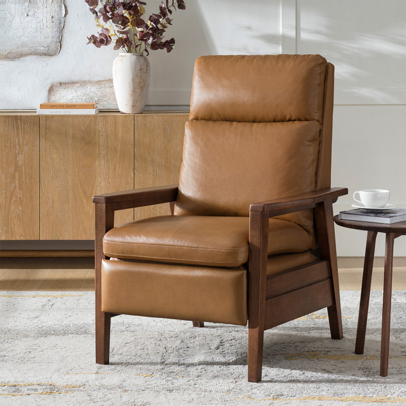 Gladys Mid-Century Modern Genuine Leather Pushback Recliner with Solid Wood Arms, Camel