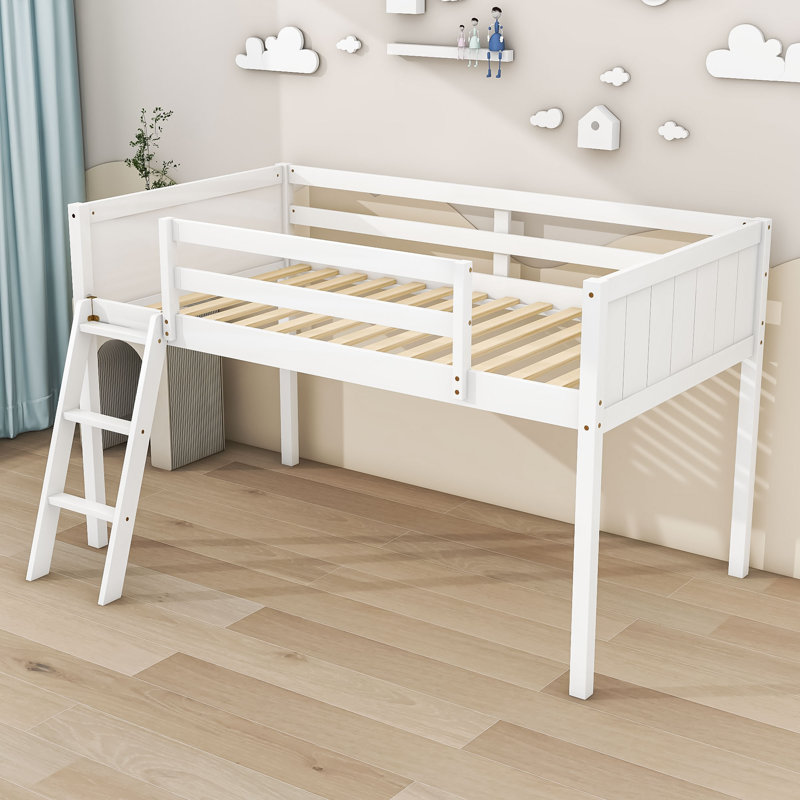Lit mezzanine simple en bois avec échelle et lattes Jenet, Blanc