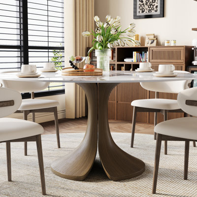 Aurora 47‘’/53‘’/59‘’ Farmhouse Round Sintered Stone Dining Table - Sculptural Solid Hardwood Pedestal For 4-8