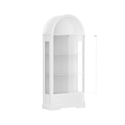 Vitrine cintrée de 180 cm de hauteur, armoire de rangement de cuisine avec portes vitrées, éclairage DEL et tiroirs ; vitrine de style champêtre moderne convenant au salon, à la cuisine et à la salle à manger.