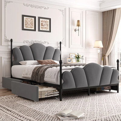 Lit de rangement tapissier avec tête de lit Flower, lit plateforme avec 4 tiroirs et tête de lit réglable