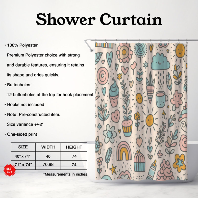 Subtle Doodle Dessins - rideau de douche standard 1 pièce, H 74 po x l 71 po