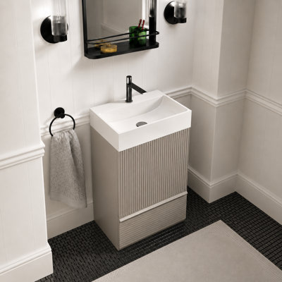 Meuble-lavabo autoportant moderne de 20 po, armoire rayée gris beige avec lavabo en céramique blanche, robinet et drain non inclus, KD