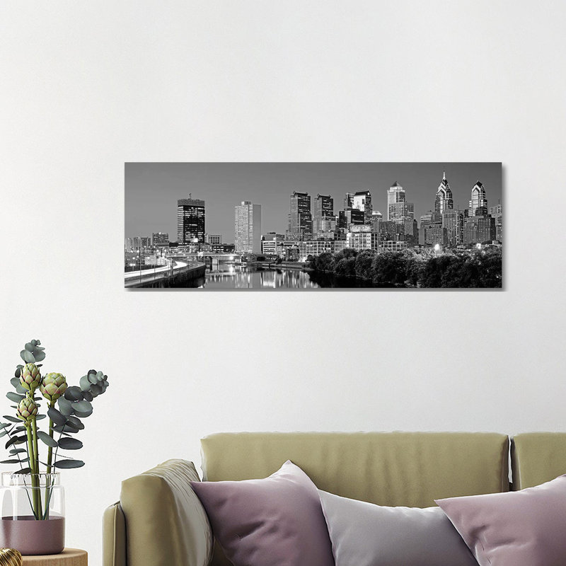 US, Pennsylvania, Philadelphia Skyline, Night by Panoramic Images - Wrapped Canvas Panoramic Print, Black/White