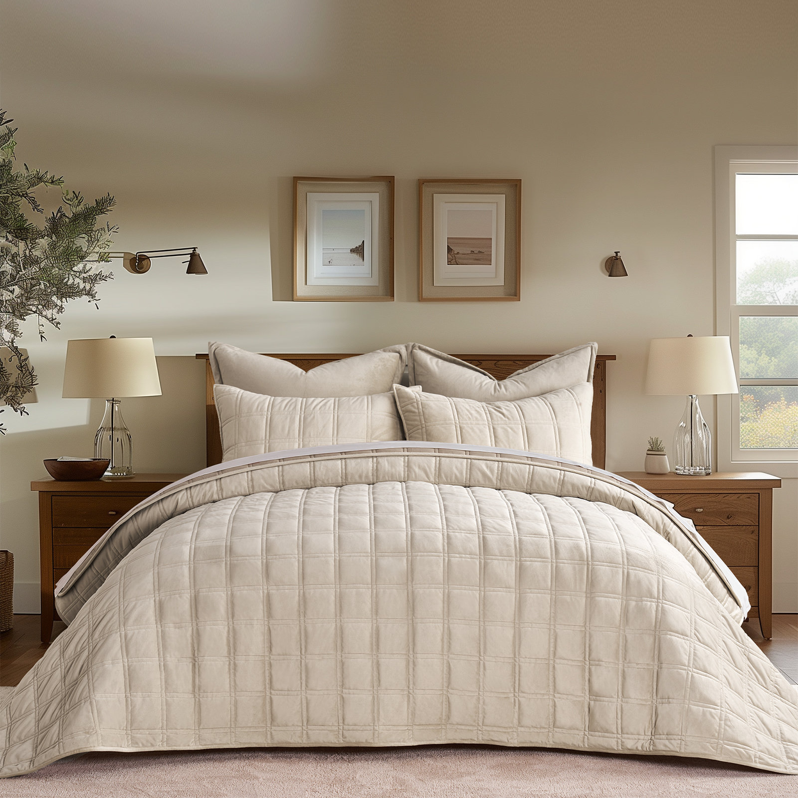 Double Box Stitch Velvet Quilt set, King Quilt + 2 King Shams, Beige
