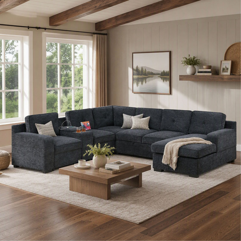Ensemble de canapé d'angle capitonné 4 pièces en chenille avec lit gigogne, méridienne de rangement, console et porte-gobelet pour salon