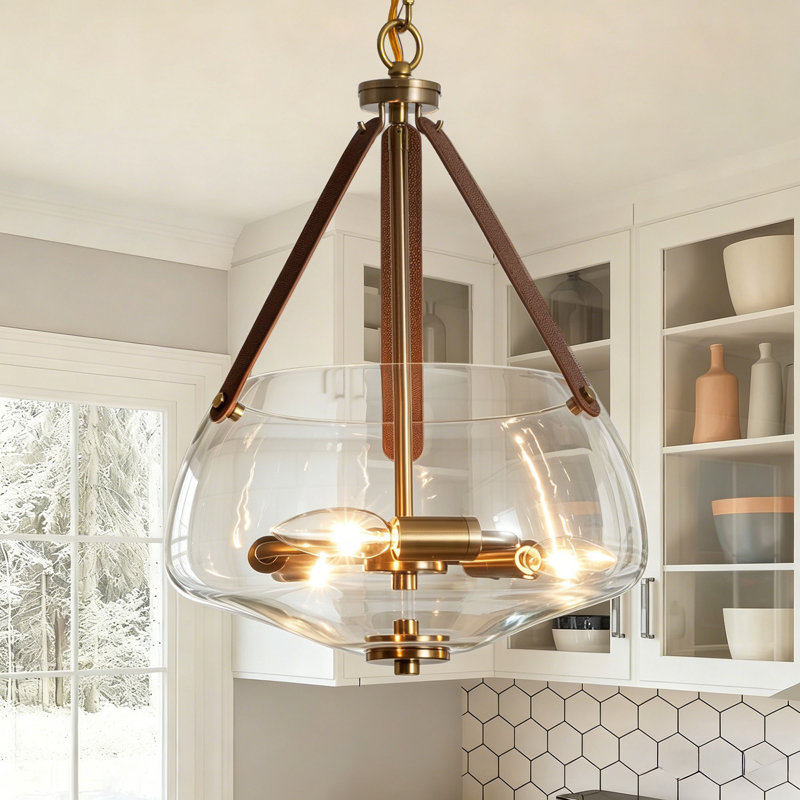3-Light 12" Brass Finish Glass Pendant Light