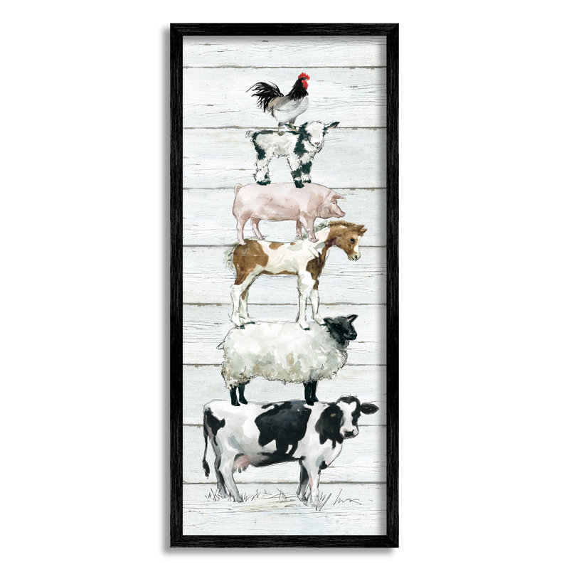 «Balancing Farm Animals Rustic White Plank Pattern» par Carol Robinson - cadre flottant, impression sur toile