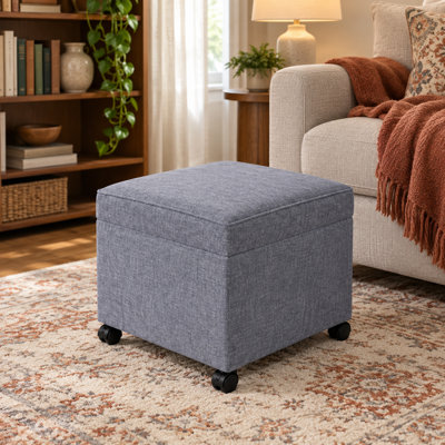 17.5" Linen Upholstered Storage Ottoman with Casters for Living Room