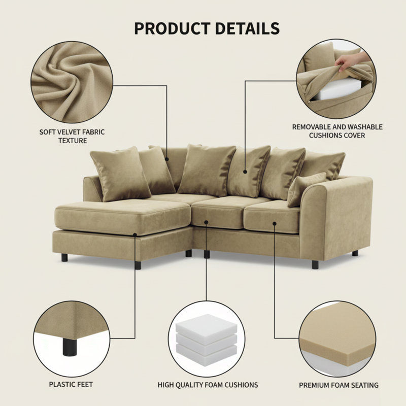 4 Seater Velvet Sofa & Chaise, Left, Beige