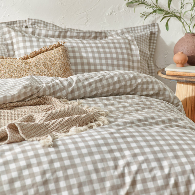 Barton Gingham Check Duvet Cover Set, King Duvet Cover + 2 Standard Pillowcases, Natural
