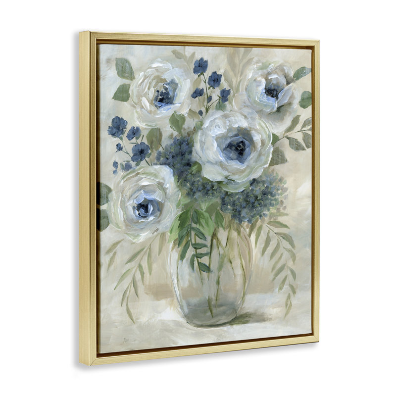Roses with Fern Tendrils, 21" H x 17" W, Metallic Gold Floater Frame
