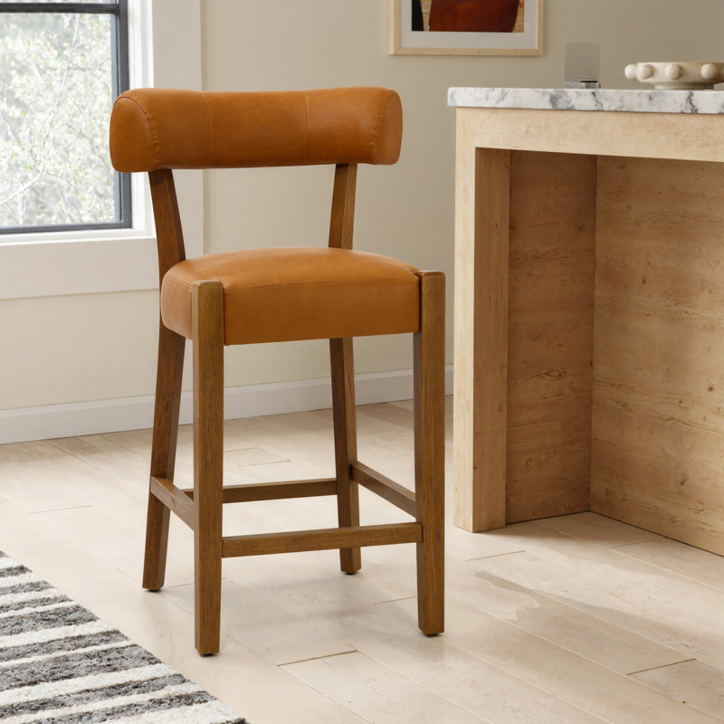 Tabouret de bar 26 po Mid-Century, Similicuir beige / cadre naturel, 1