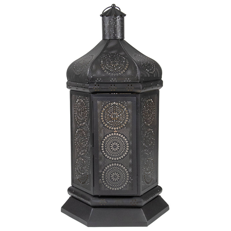 21.5" Moroccan Style Pillar Candle Table Lantern, Black/Gold